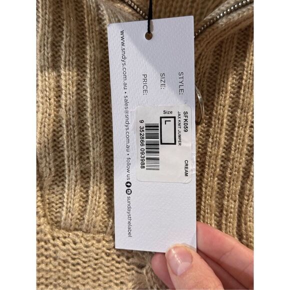 NWT SNDYS Jax Knit Cable Knit 1/4 Zip Up Cropped Cream Top Sweater Women’s L - Picture 6 of 16